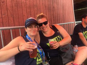 Meredith kicks back with the other Meredith (Russian) at the 2016 Ragnar race.